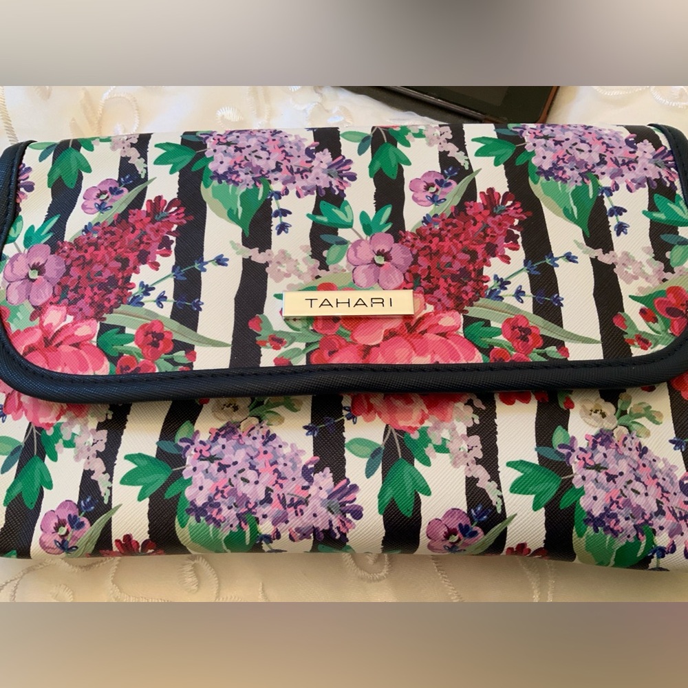 Tahari Floral Stripe Clutch travel bag in Black, Pink & Green